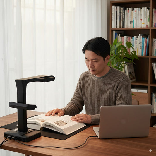CZURブックスキャナーで本を自宅でスキャンする男性