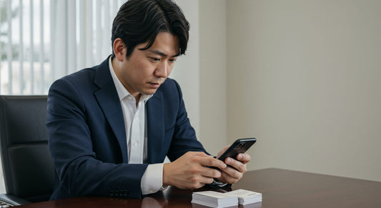 スマホで名刺をスキャンしようとしている男性